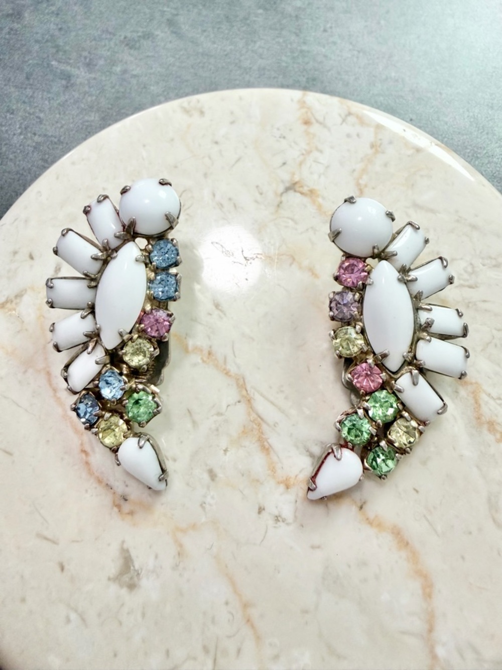 Vintage Juliana Ear Climber With White Milk Glass and Pastel Rhinestone Spring